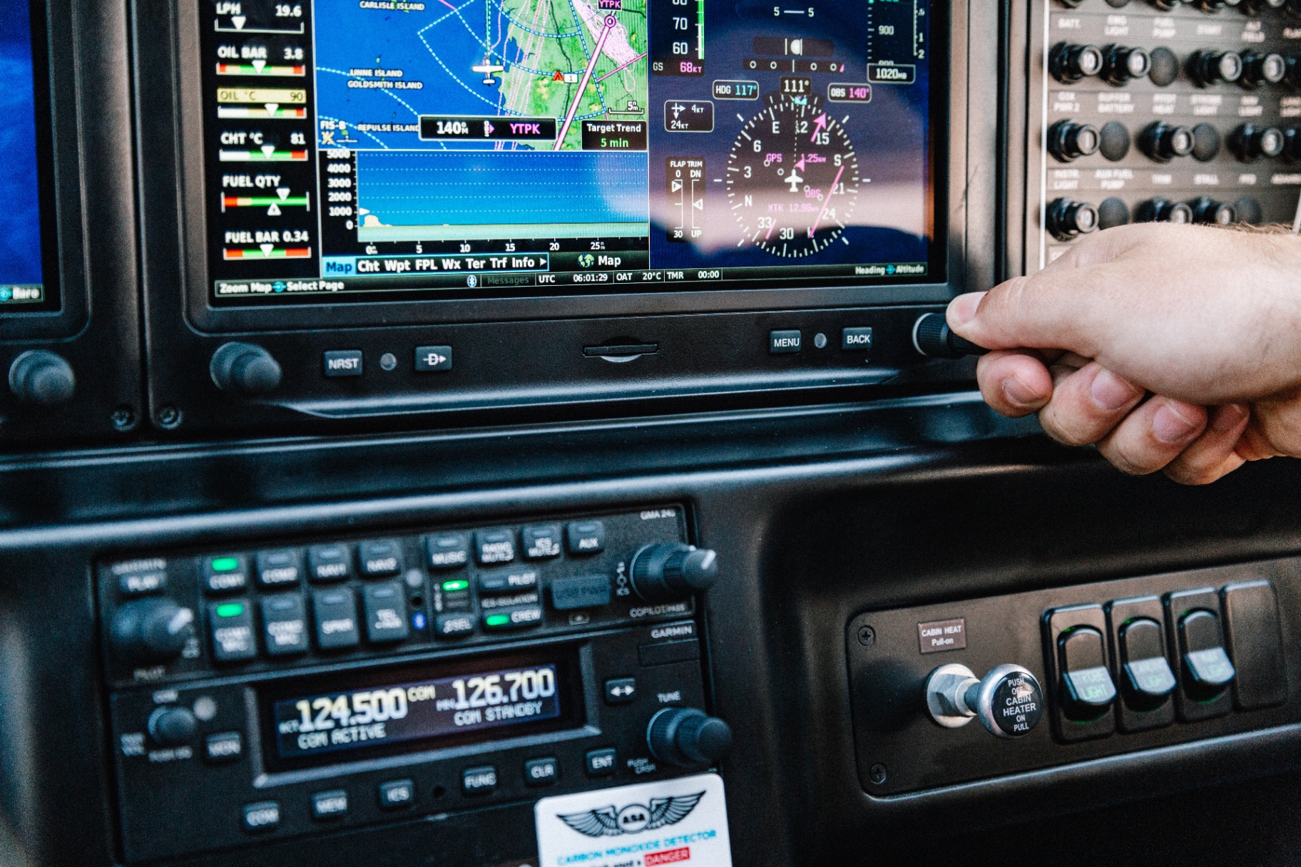 Modern Garmin glass cockpit avionics during flight training